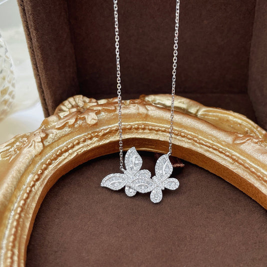 18K Diamond Double Butterfly Small Pendant Necklace - White Diamond Necklace