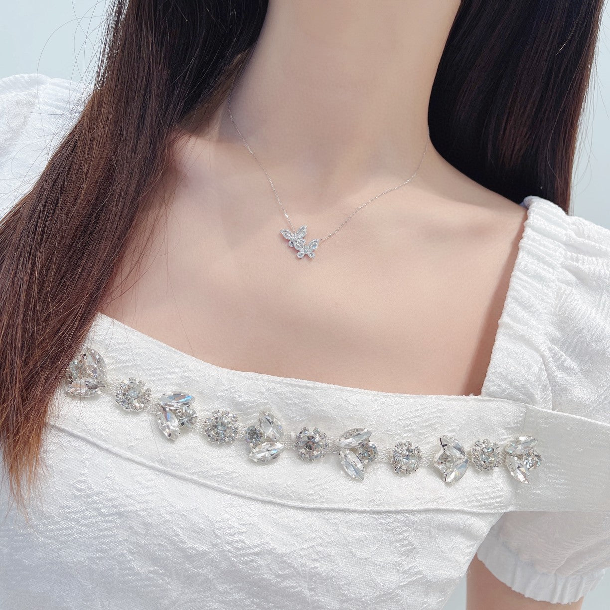 18K Diamond Double Butterfly Small Pendant Necklace - White Diamond Necklace