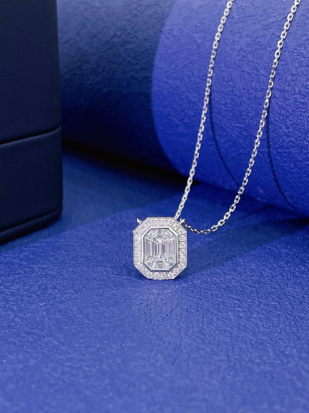 18K Diamond & Emerald Cut Surround Pendant Necklace | Luxury Jewelry - White Diamond Necklace