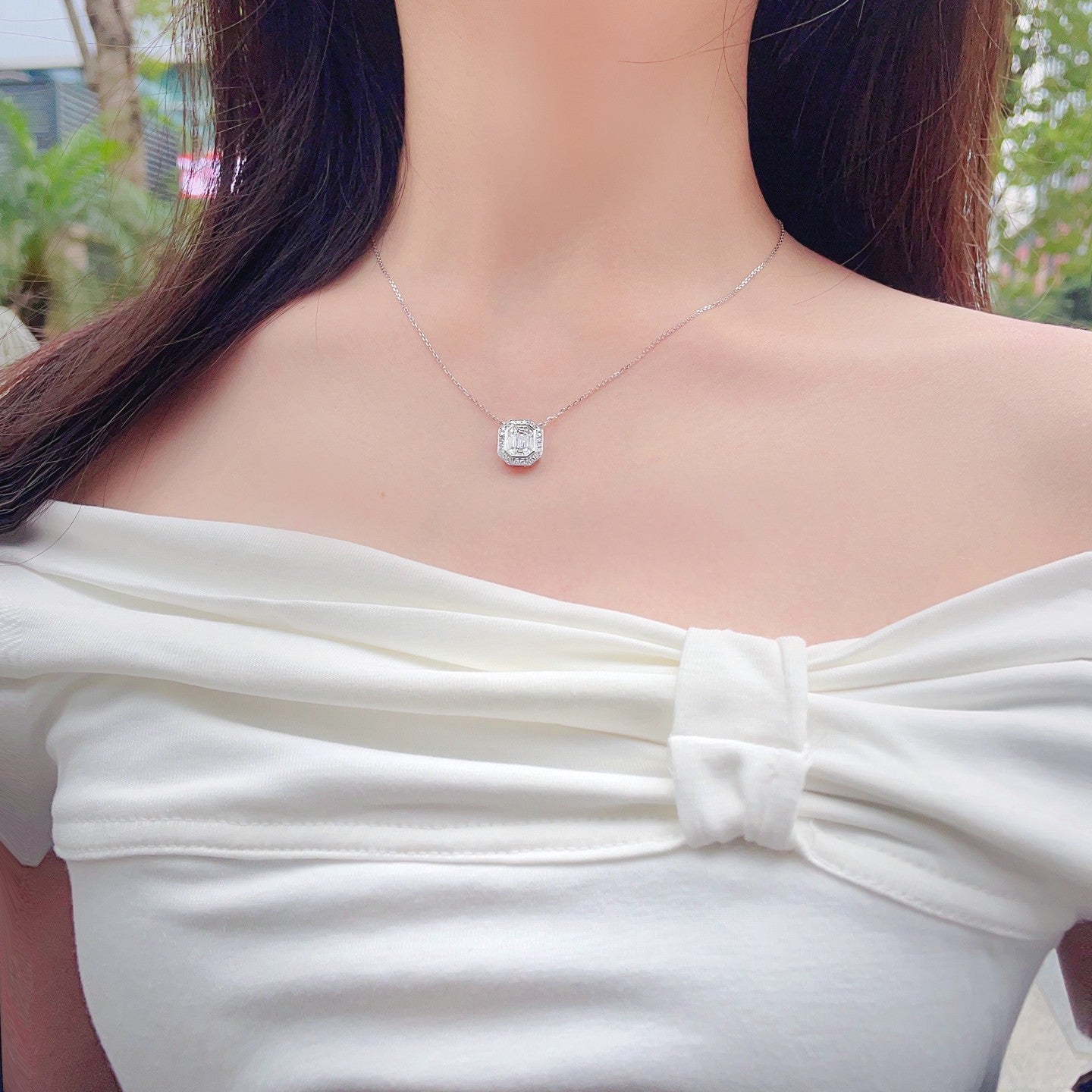 18K Diamond & Emerald Cut Surround Pendant Necklace | Luxury Jewelry - White Diamond Necklace