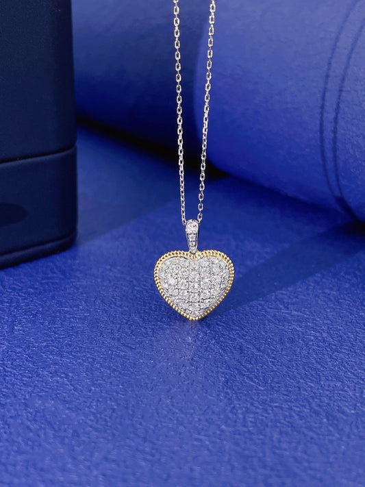 18K Diamond-Encrusted Heart Pendant Necklace with Beaded Edge - White Diamond Necklace