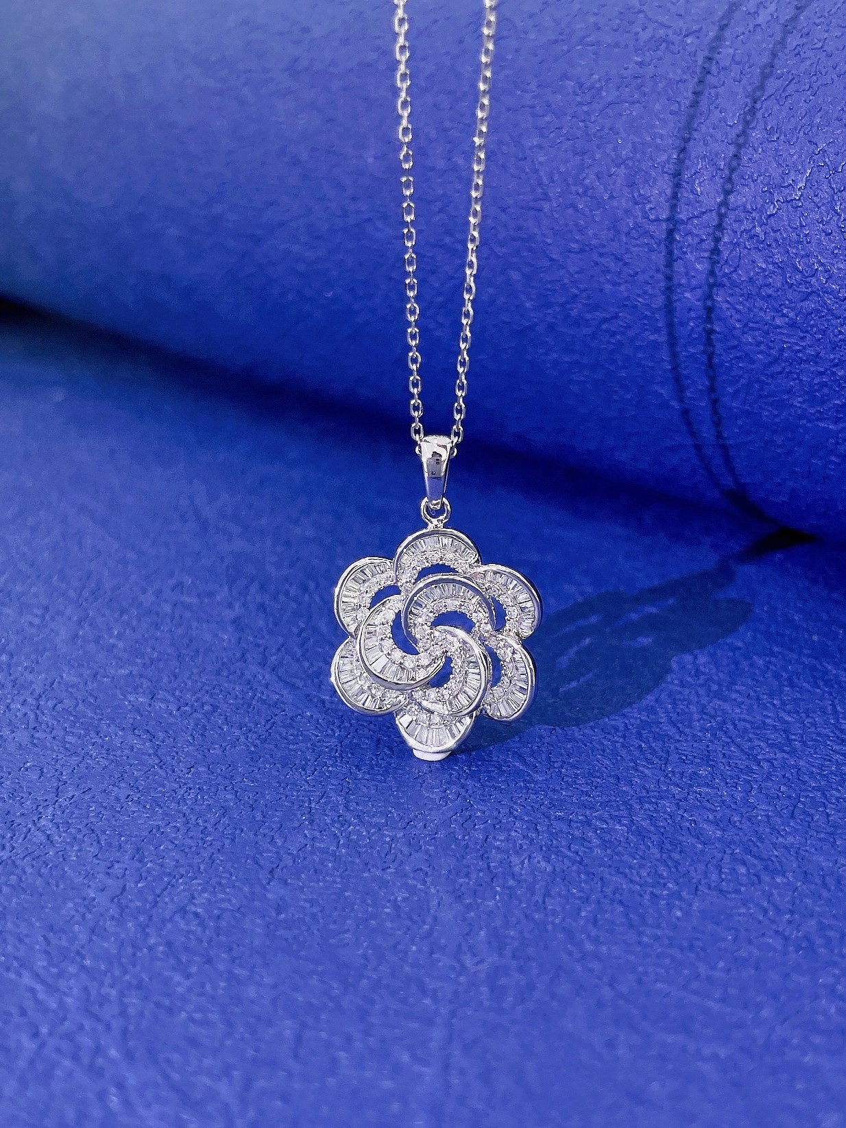 18K Diamond Flower Pendant Necklace with Melon Seed Clasp - White Diamond Necklace