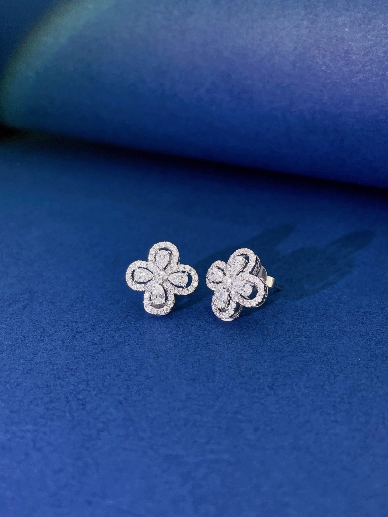 18K Diamond Four-Leaf Clover Drop Earrings with Surrounding Stones - Jeweler.Jewelry