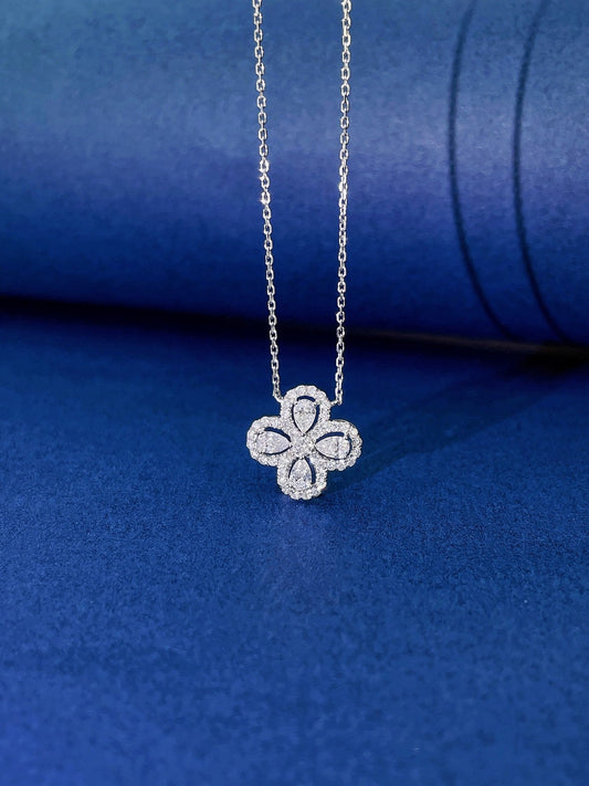 18K Diamond Four-Leaf Clover Pendant Necklace with Drop Design - White Diamond Necklace