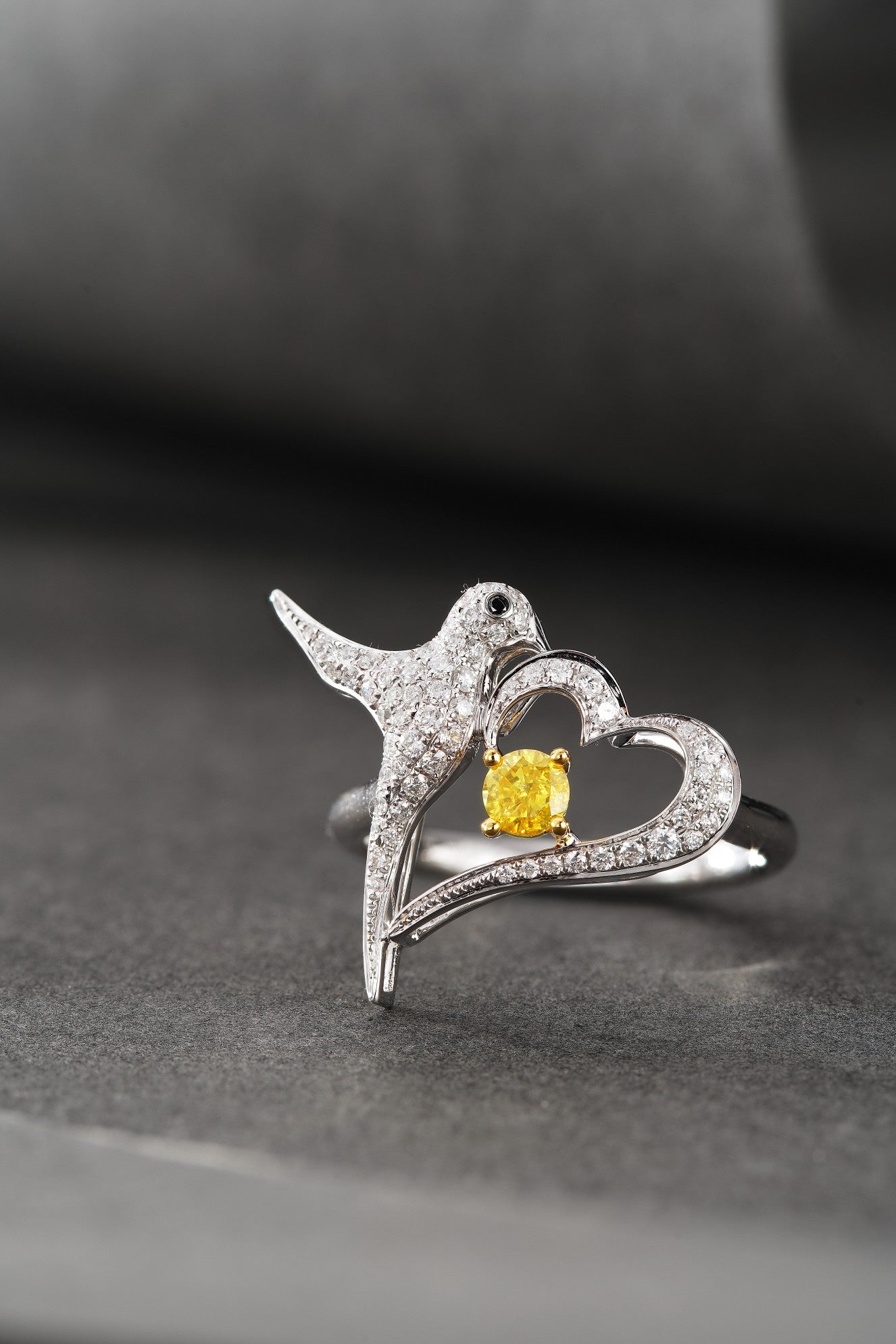 18K Diamond Heart-Shaped Spring Swallow Ring - Premium Jewelry - Yellow Diamond Ring