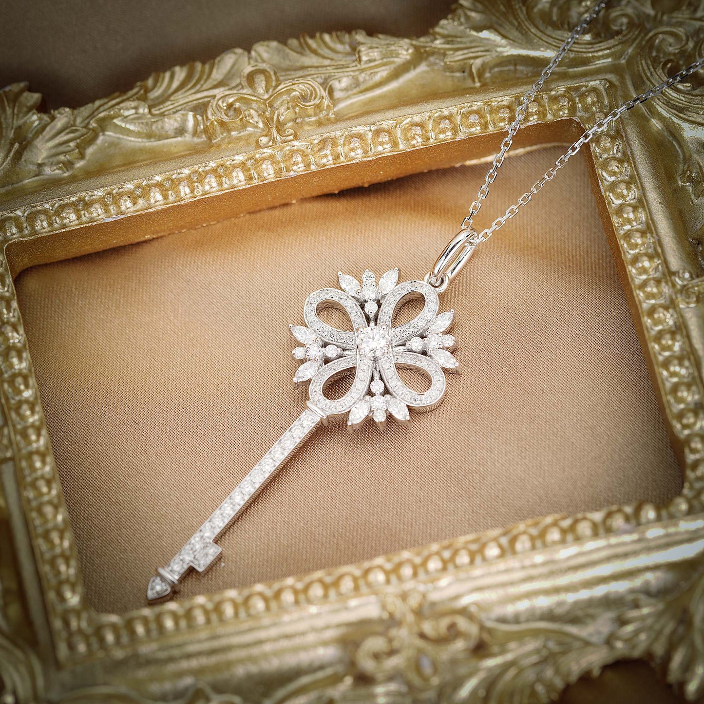 18K Diamond Marquise Key Pendant Necklace - Exquisite Jewelry - White Diamond Necklace