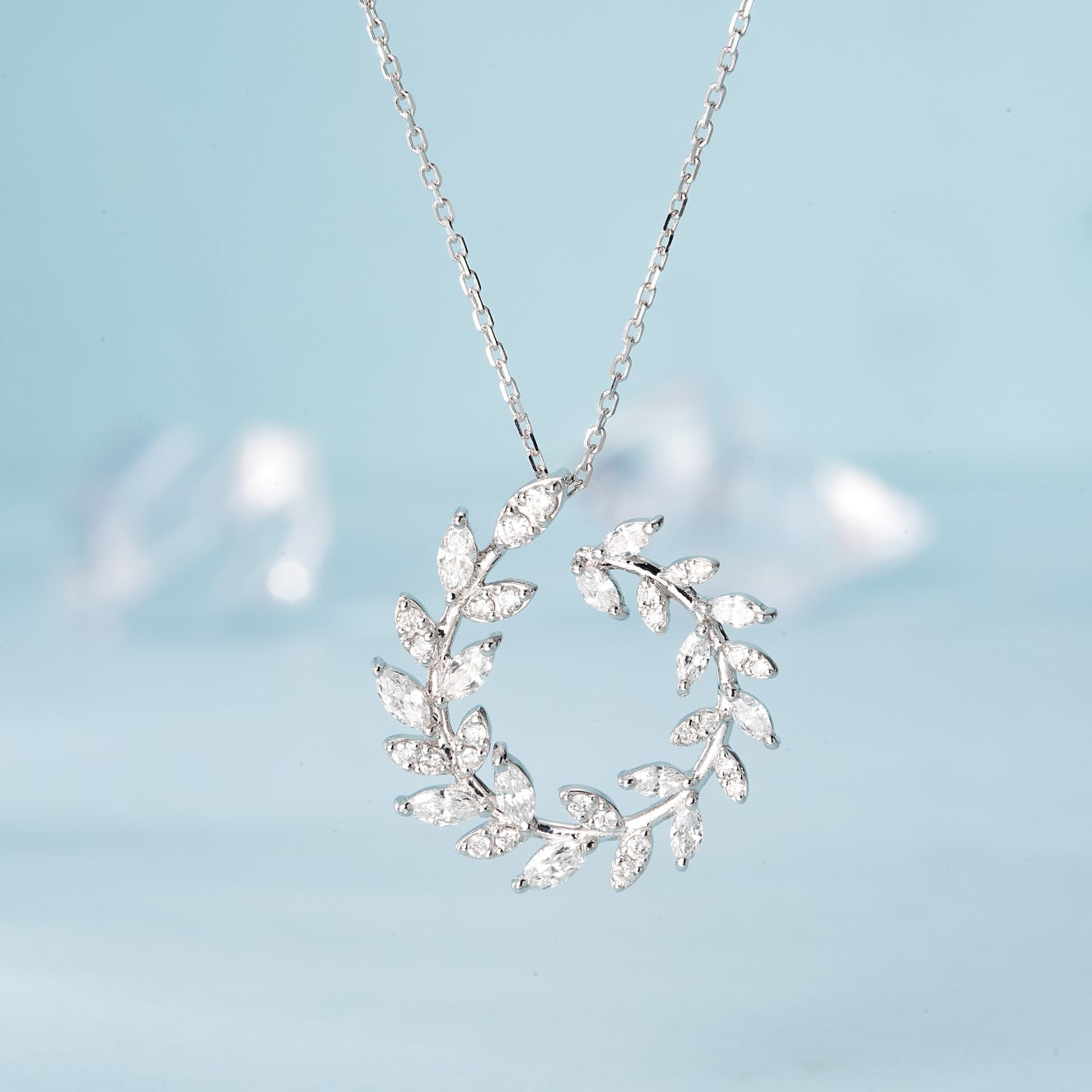 18K Diamond Marquise Olive Branch Necklace - Luxurious Jewelry - White Diamond Necklace