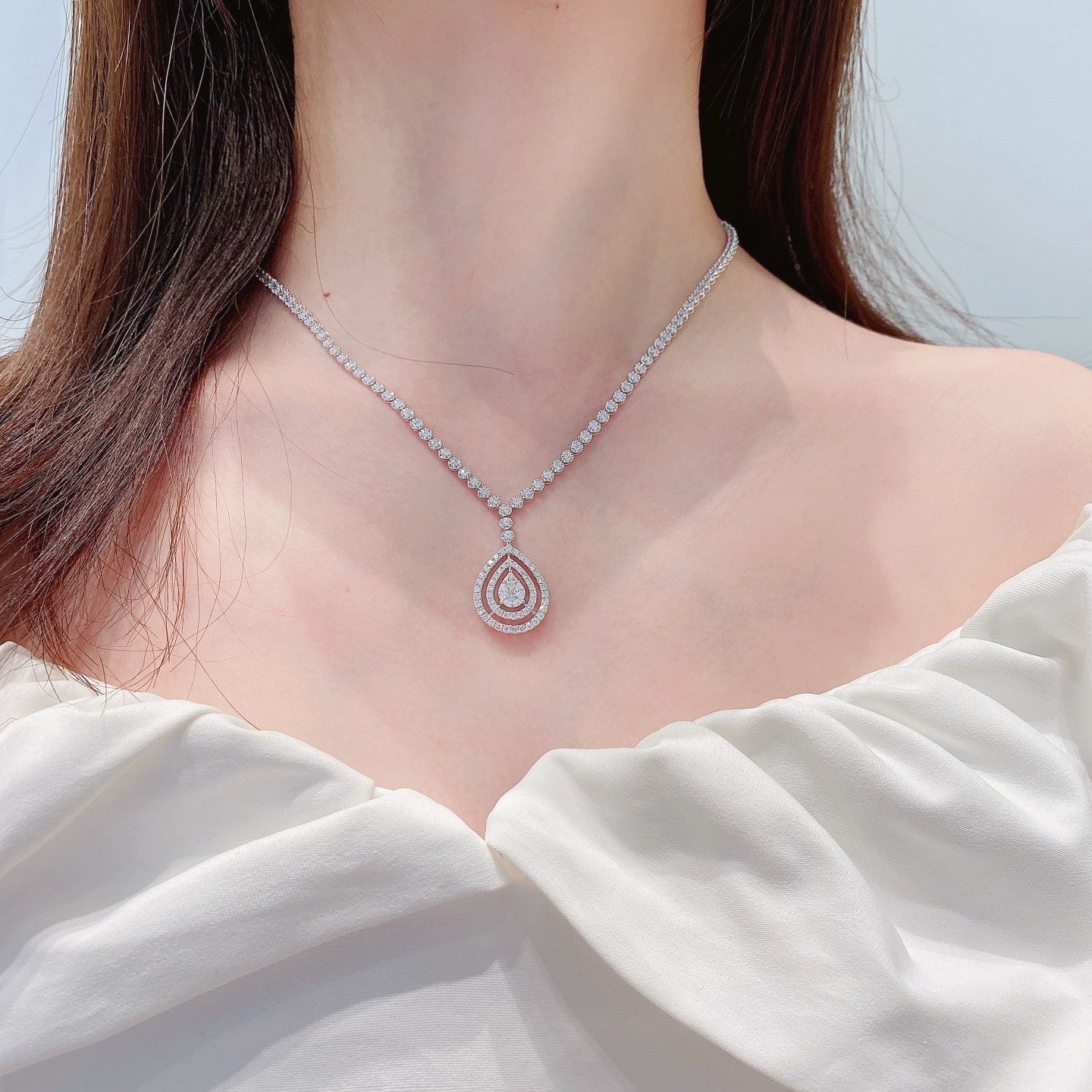 18K Diamond Marquise-Shaped Pendant Necklace with Full Drill - White Diamond Chain