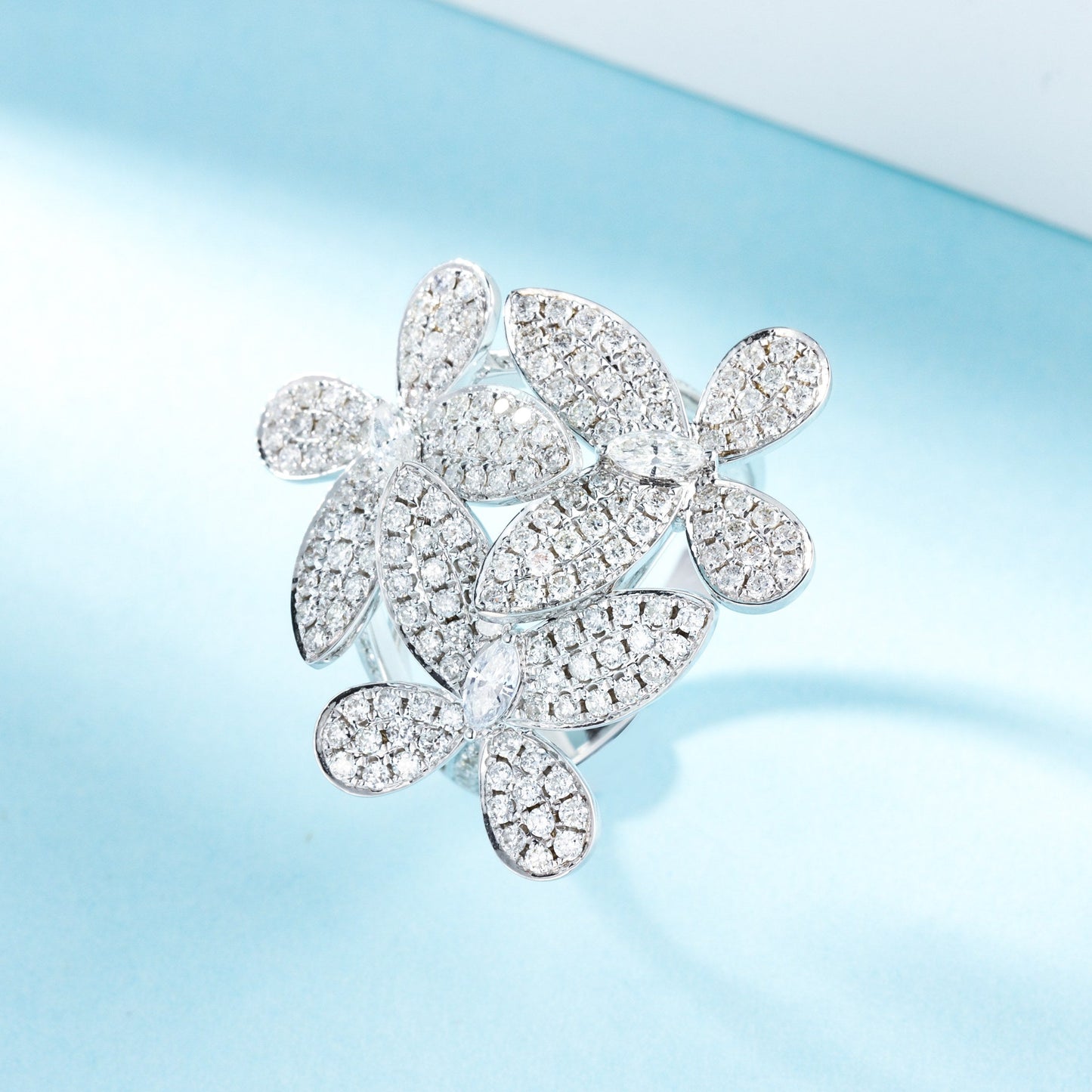 18K Diamond Marquise Three-Flower Ring - Luxury Jewelry - White Diamond Ring