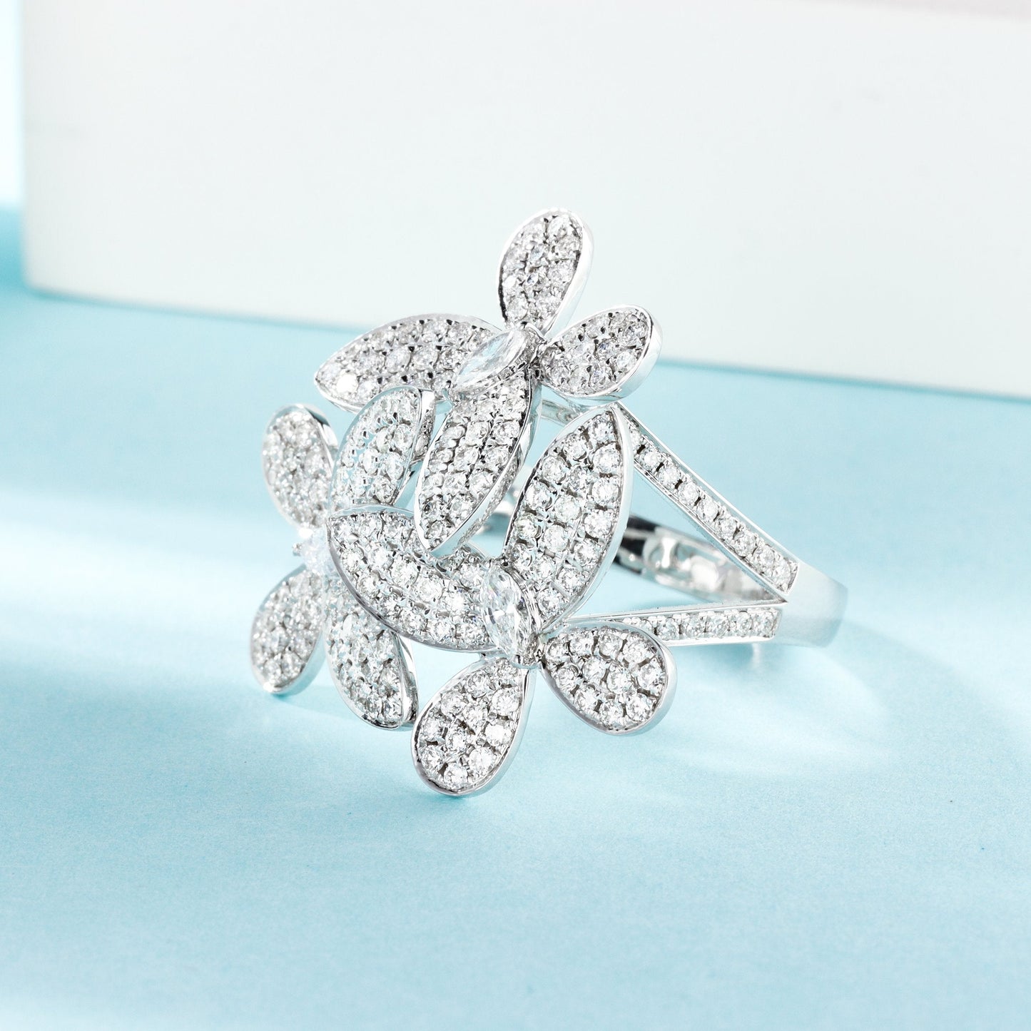 18K Diamond Marquise Three-Flower Ring - Luxury Jewelry - White Diamond Ring