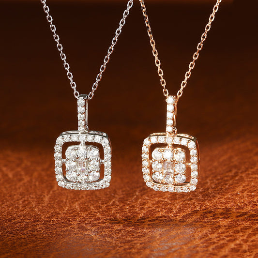 18K Diamond Openwork Square Sugar Pendant Necklace - Exquisite Jewelry - White Diamond Necklace