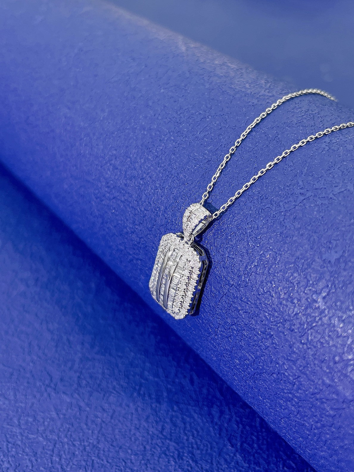 18K Diamond Rectangular Sugarloaf Pendant Necklace with Melon Seed Clasp - White Diamond Necklace