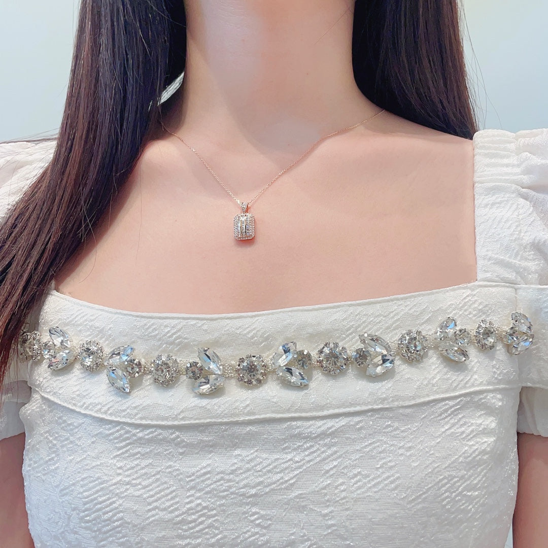 18K Diamond Rectangular Sugarloaf Pendant Necklace with Melon Seed Clasp - White Diamond Necklace