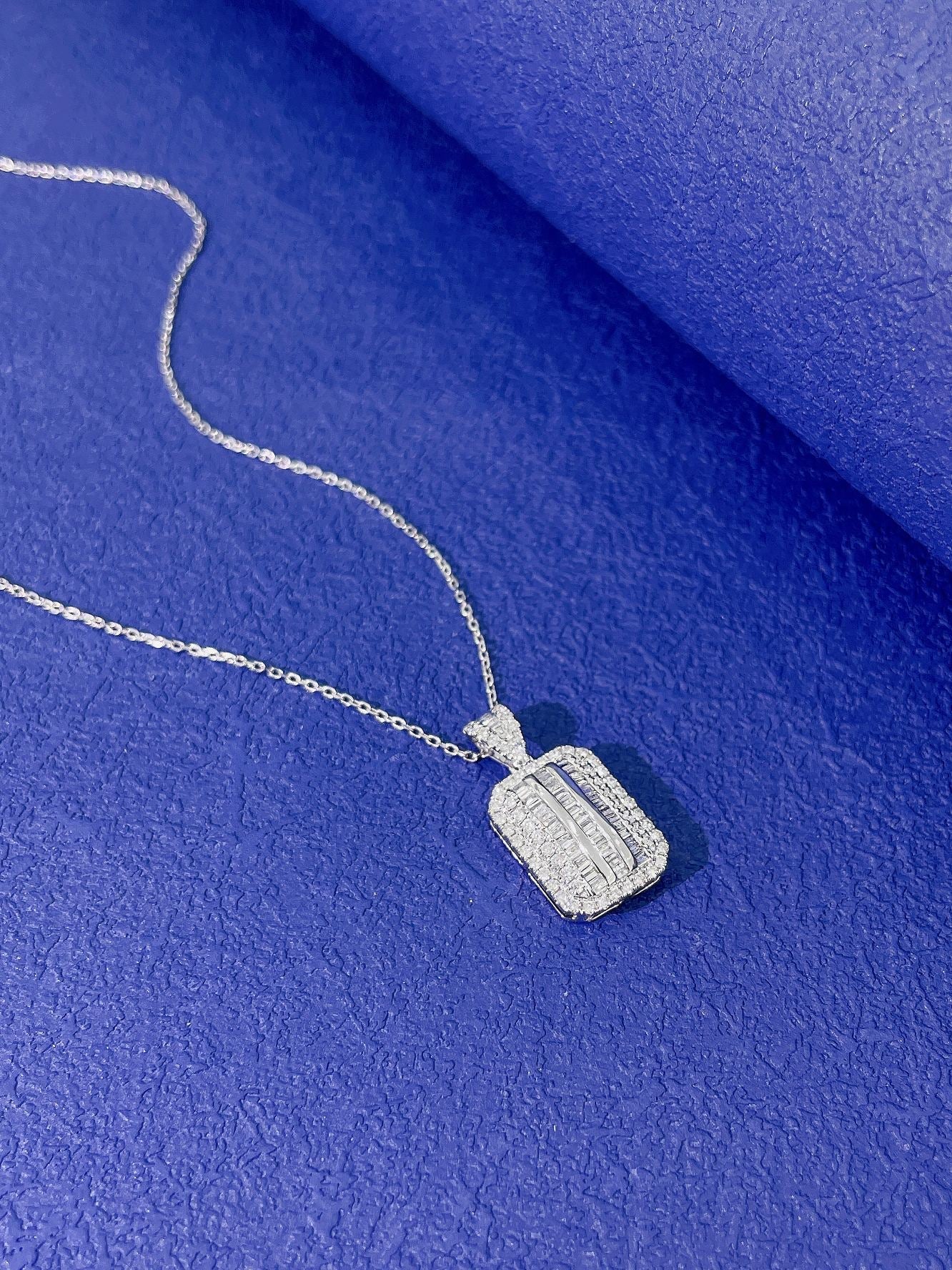 18K Diamond Rectangular Sugarloaf Pendant Necklace with Melon Seed Clasp - White Diamond Necklace