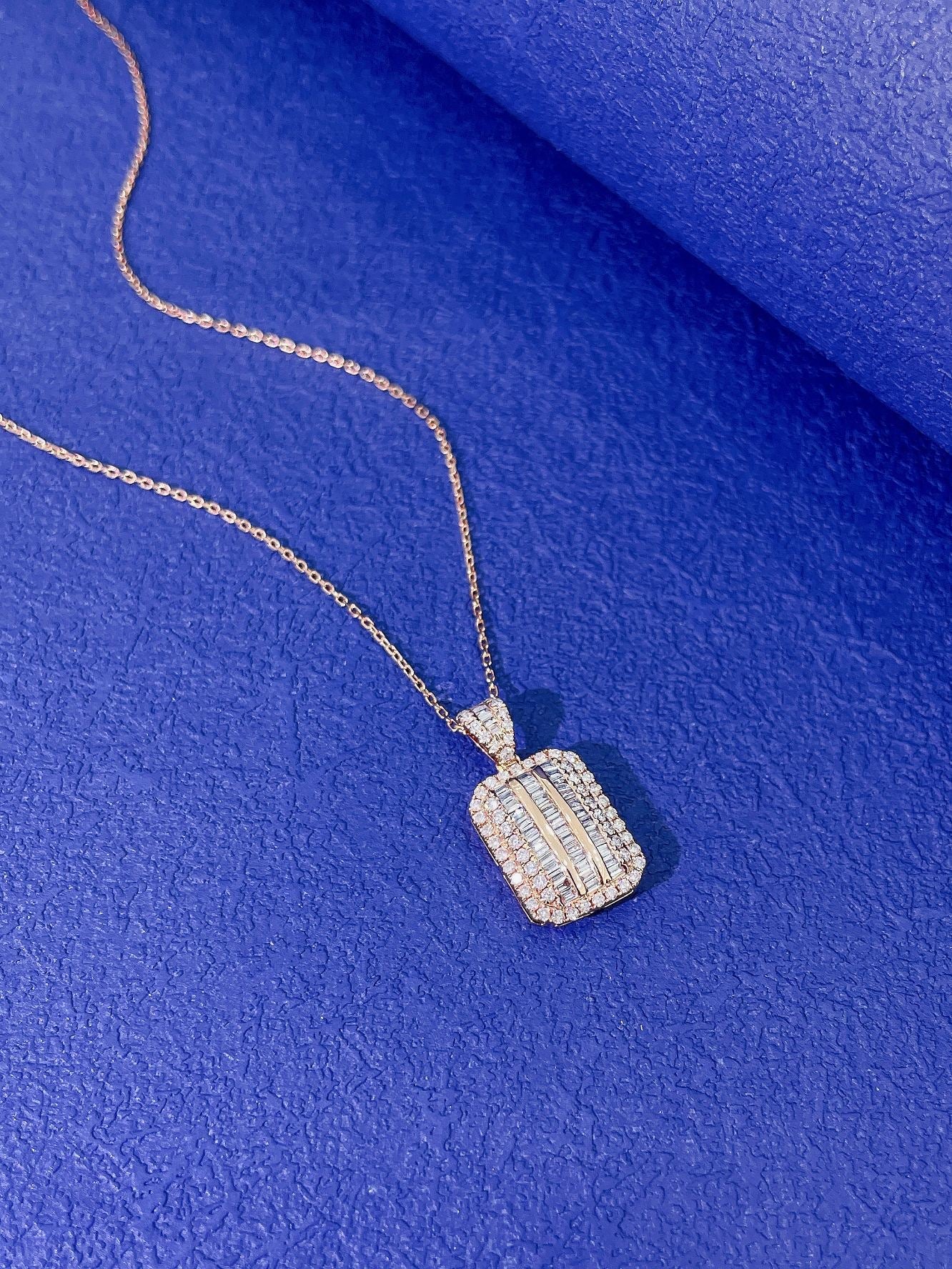 18K Diamond Rectangular Sugarloaf Pendant Necklace with Melon Seed Clasp - White Diamond Necklace