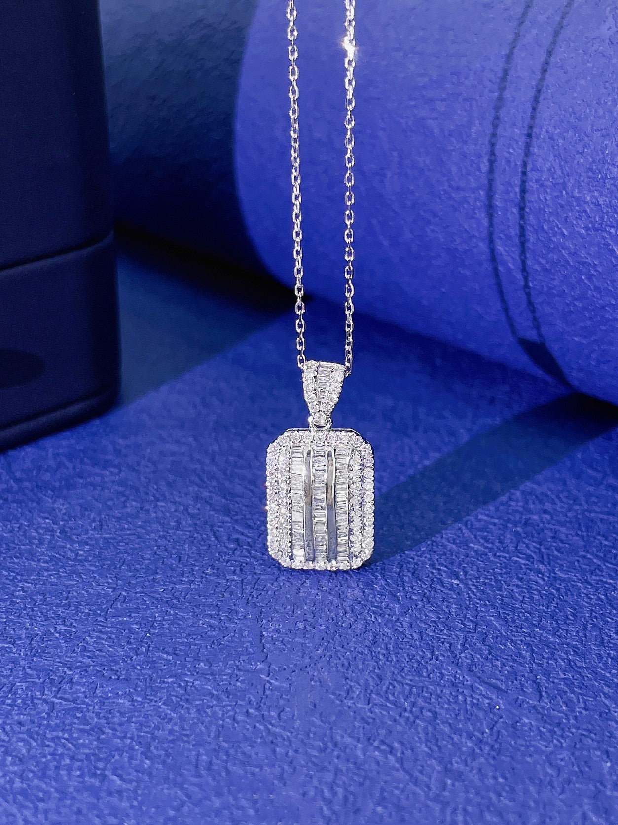 18K Diamond Rectangular Sugarloaf Pendant Necklace with Melon Seed Clasp - White Diamond Necklace