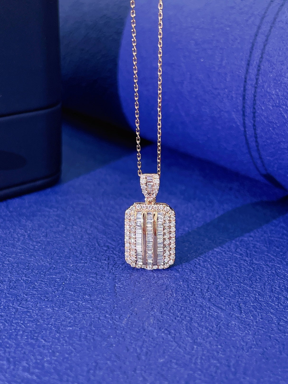 18K Diamond Rectangular Sugarloaf Pendant Necklace with Melon Seed Clasp - White Diamond Necklace