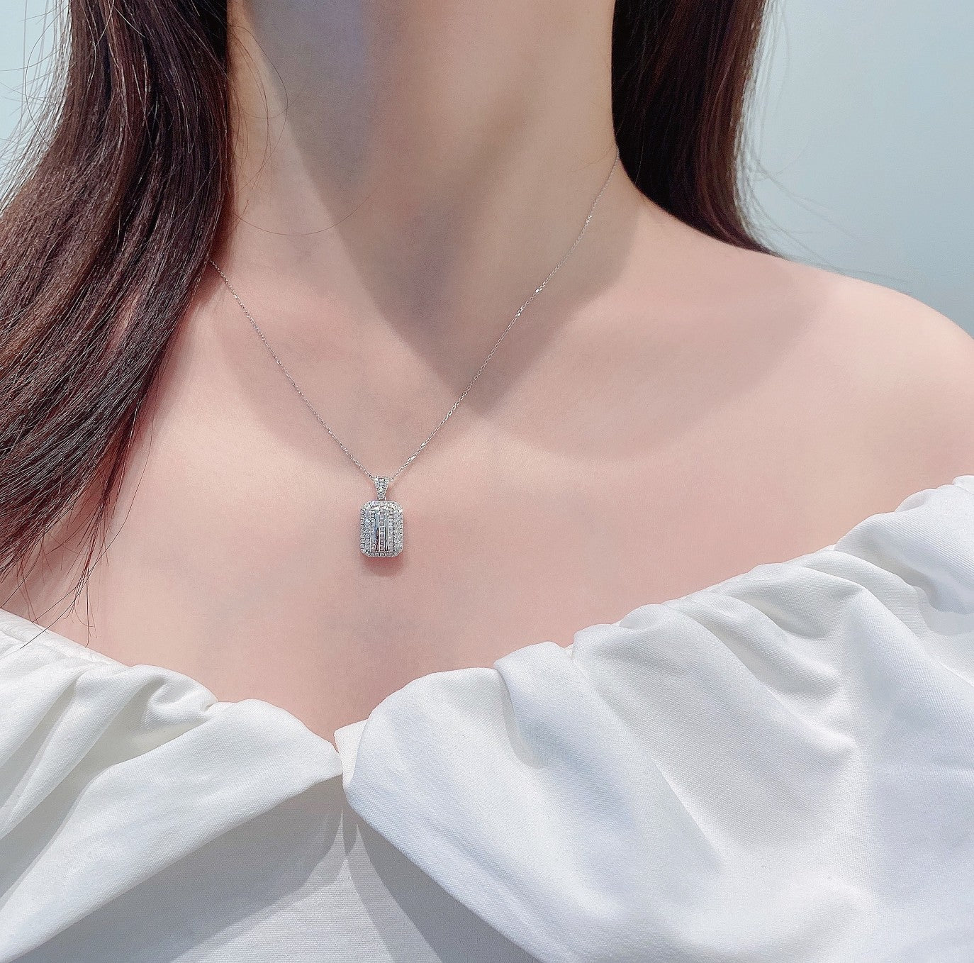 18K Diamond Rectangular Sugarloaf Pendant Necklace with Melon Seed Clasp - White Diamond Necklace