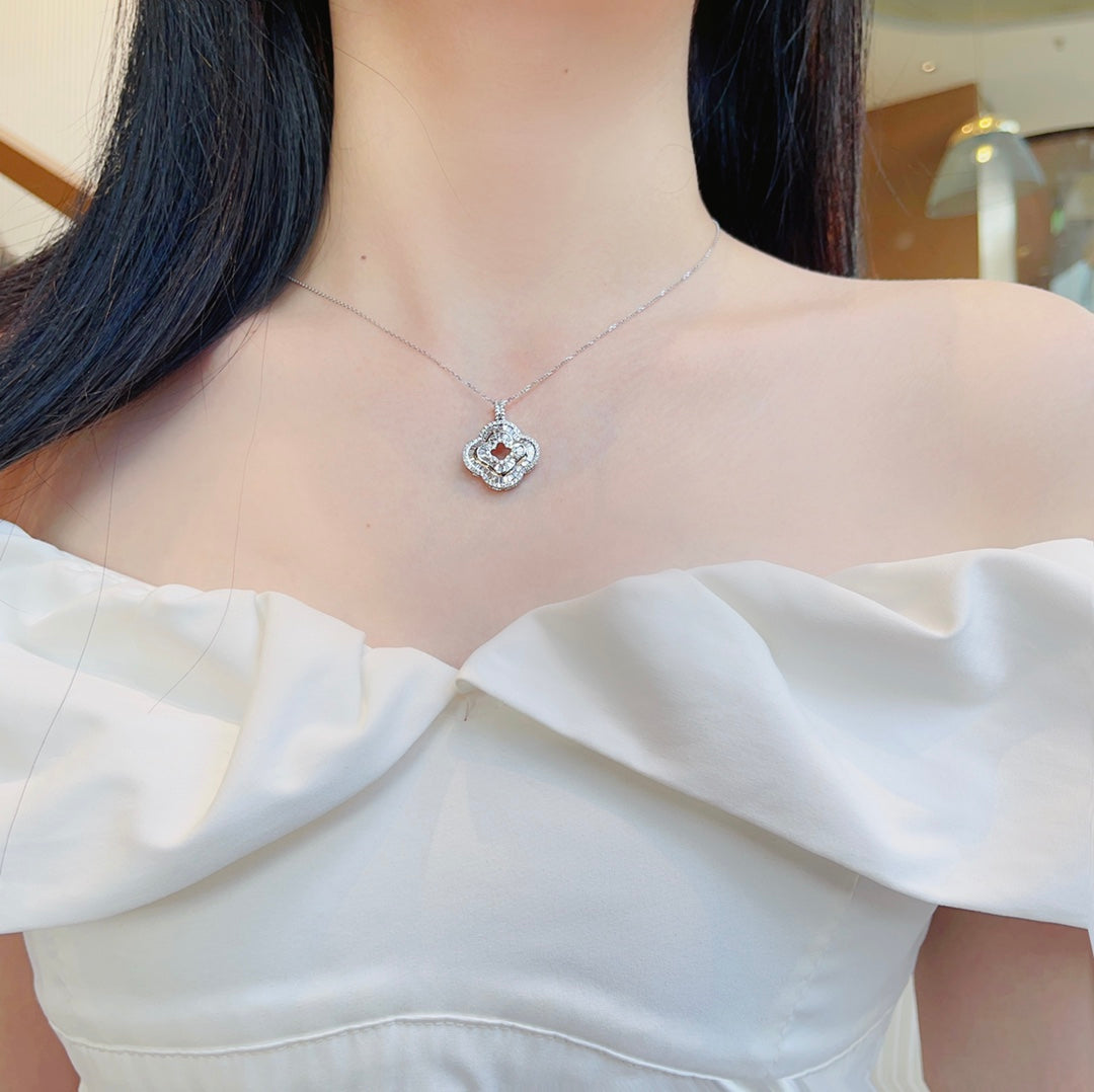 18K Diamond Round Ladder Hollow Four-Leaf Clover Necklace - Luxury Jewelry - White Diamond Necklace