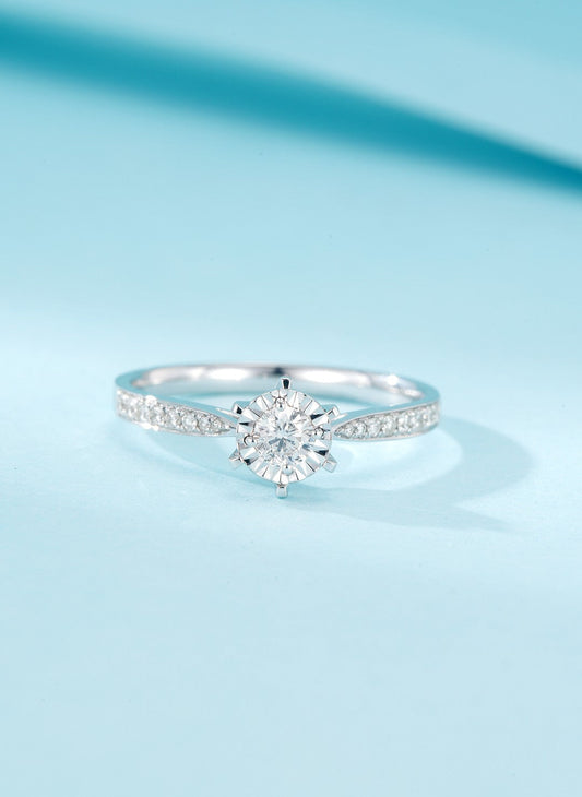 18K Diamond Six-Prong Solitaire Ring with Accent Stones | Premium Jewelry - White Diamond Ring