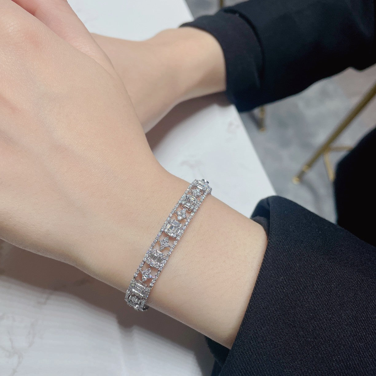 18K Diamond Square Cube Sugar Wide Bracelet - Luxurious Jewelry - White Diamond Bracelet