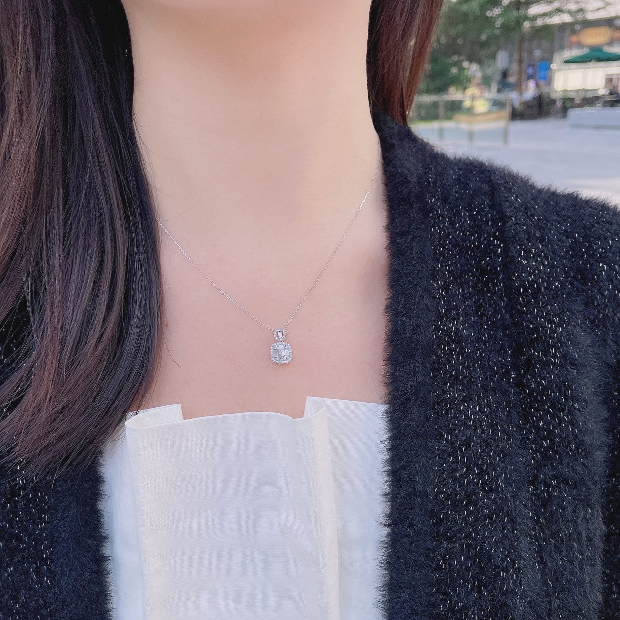 18k Diamond Square Pendant Necklace - Elegant Jewelry Piece - White Diamond Necklace