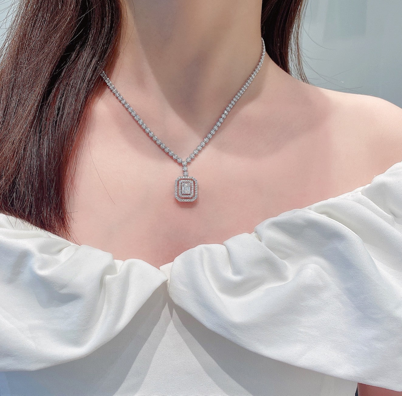 18K Diamond Square Sugar Double Hollow Full-Pavé Necklace - Luxurious Jewelry - White Diamond Chain