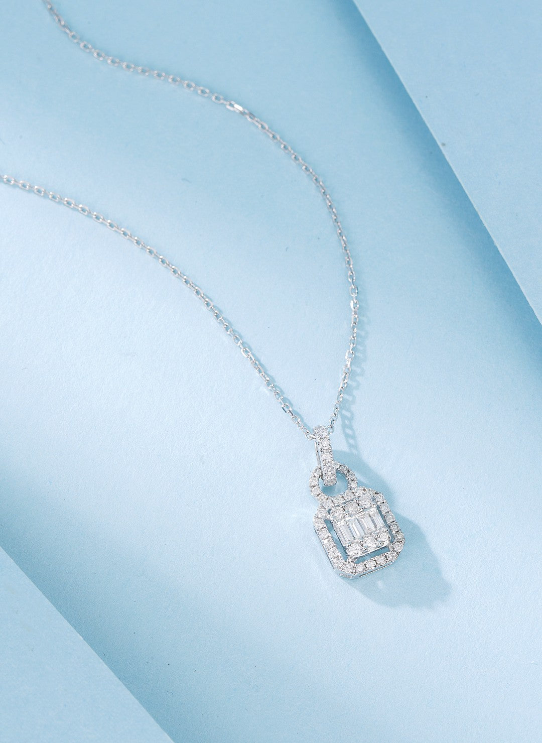 18K Diamond Square Sugar Loaf Step Cut Necklace - Elegant Jewelry Piece - White Diamond Necklace