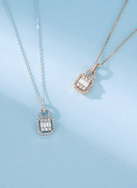 18K Diamond Square Sugar Loaf Step Cut Necklace - Elegant Jewelry Piece - White Diamond Necklace