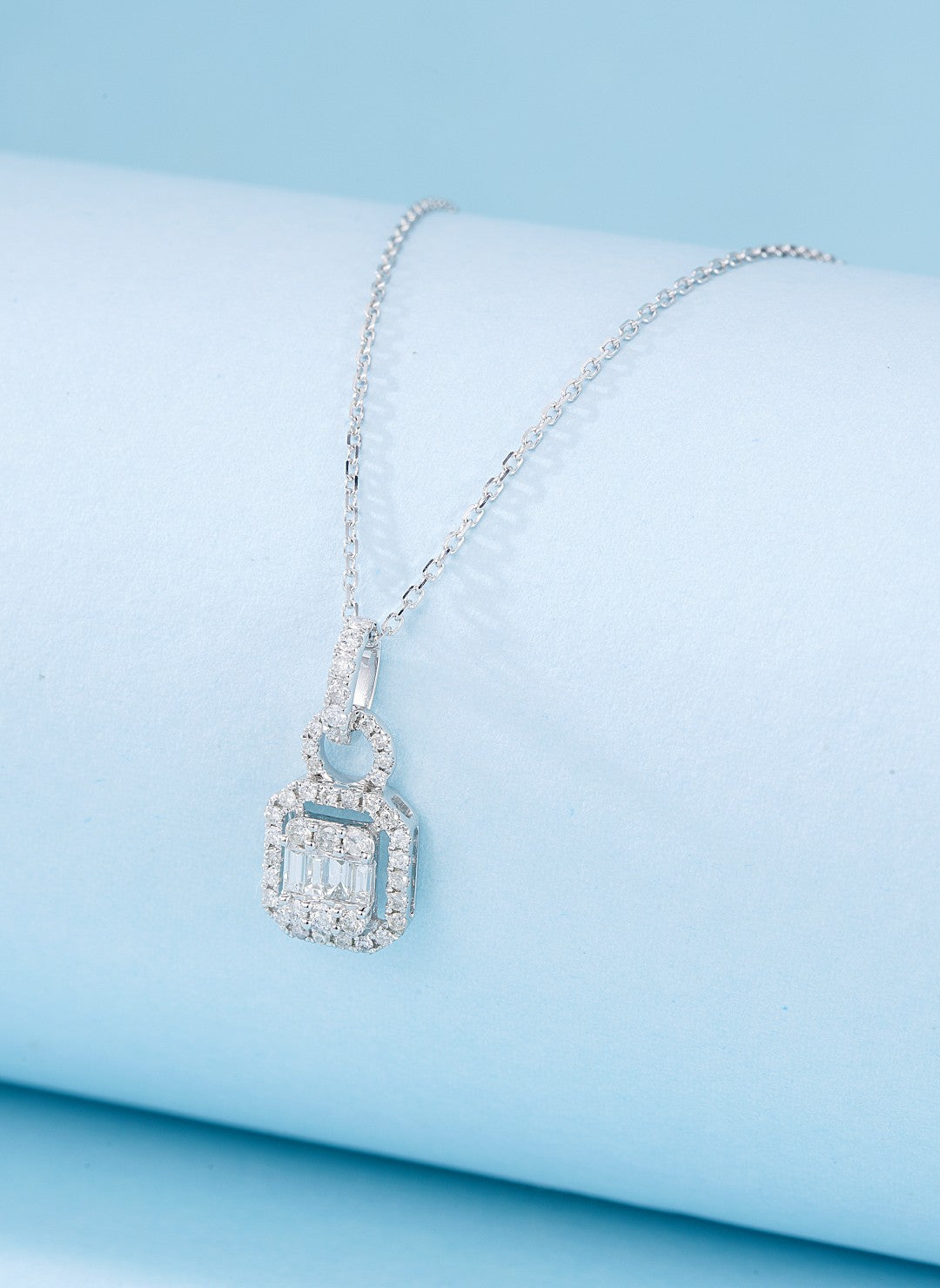 18K Diamond Square Sugar Loaf Step Cut Necklace - Elegant Jewelry Piece - White Diamond Necklace