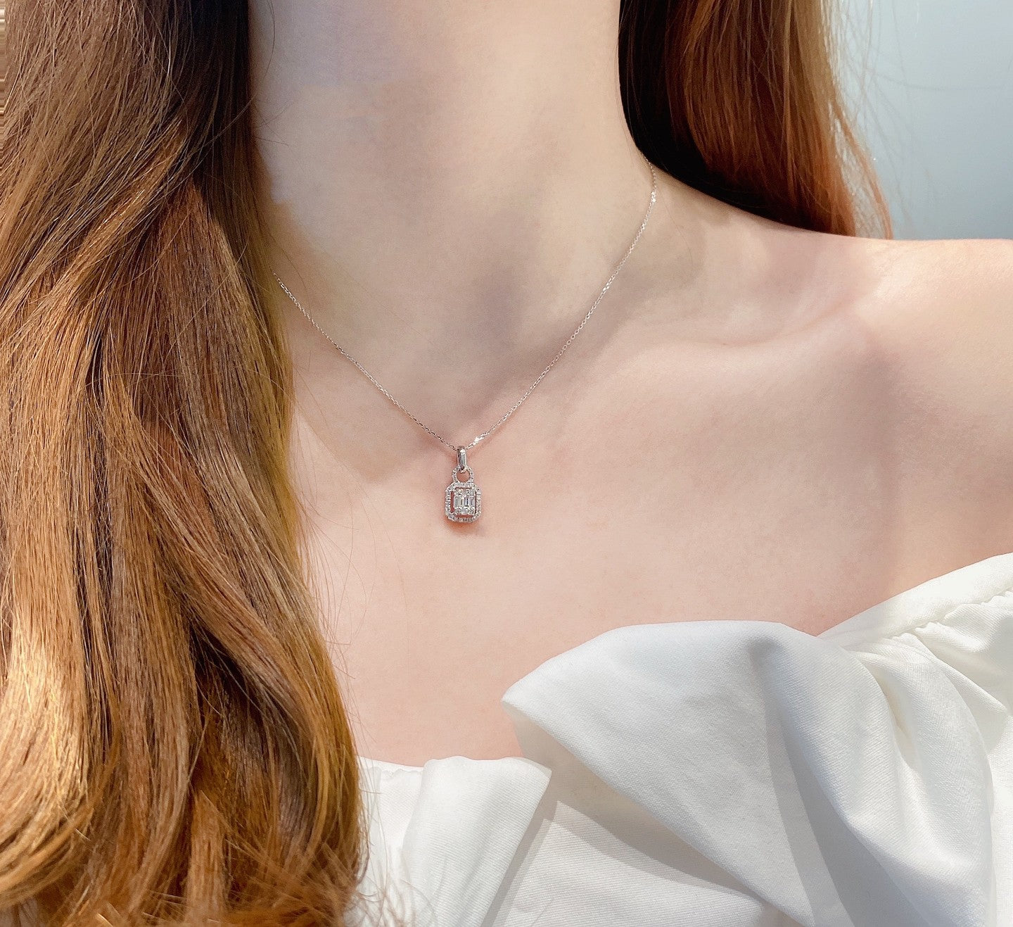 18K Diamond Square Sugar Loaf Step Cut Necklace - Elegant Jewelry Piece - White Diamond Necklace