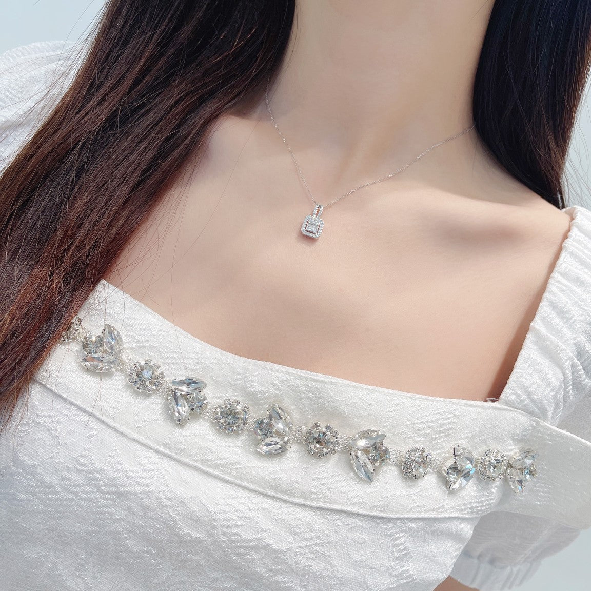 18K Diamond Square Sugar Necklace - Luxurious Jewelry Piece - White Diamond Necklace