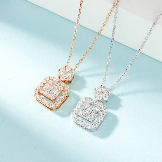 18K Diamond Square Sugar Six-Prong Set Necklace - Luxury Jewelry - White Diamond Necklace