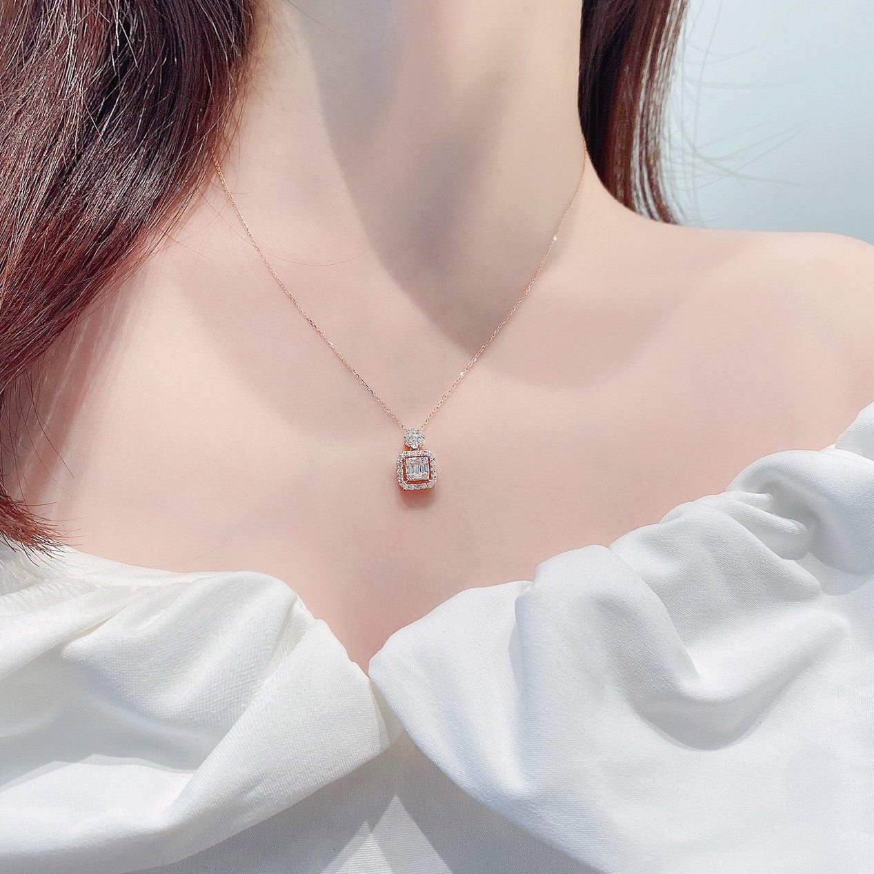 18K Diamond Square Sugar Six-Prong Set Necklace - Luxury Jewelry - White Diamond Necklace