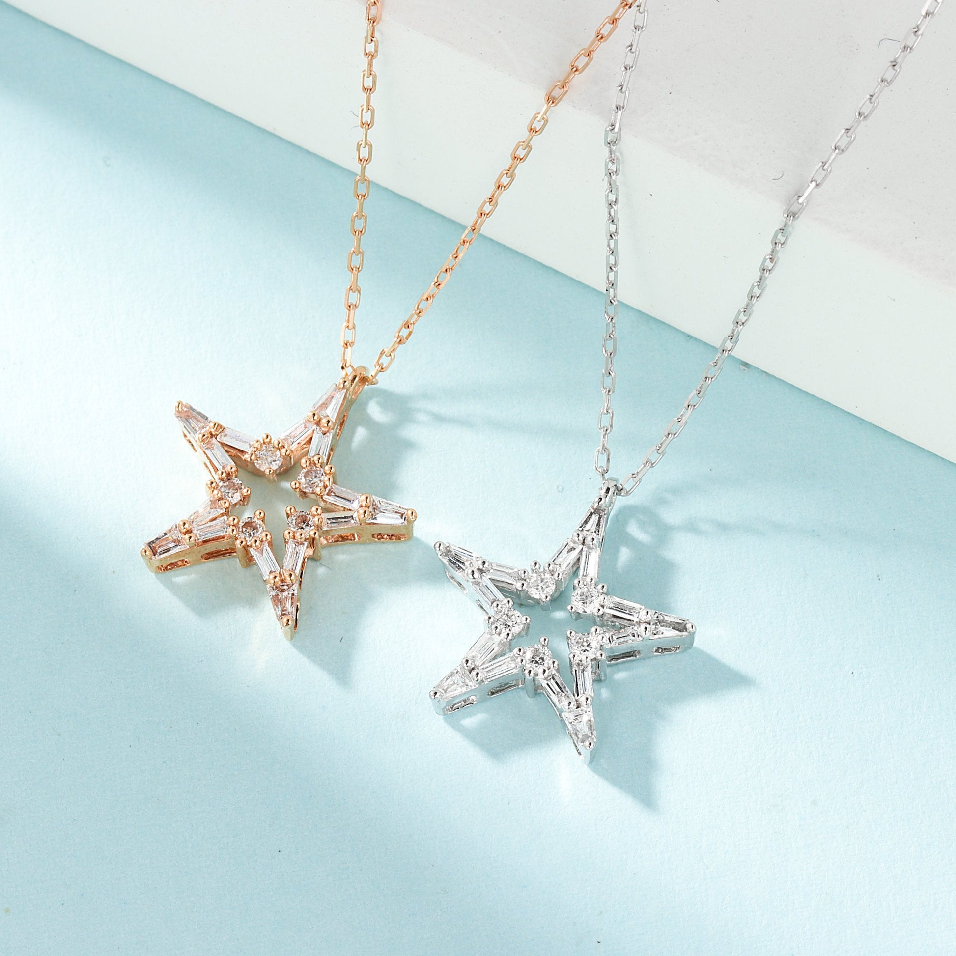 18K Diamond Tiered Star Pendant Necklace - White Diamond Necklace