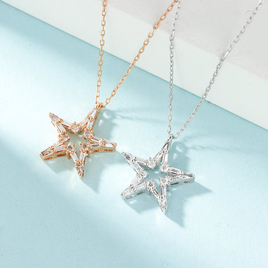 18K Diamond Tiered Star Pendant Necklace - White Diamond Necklace