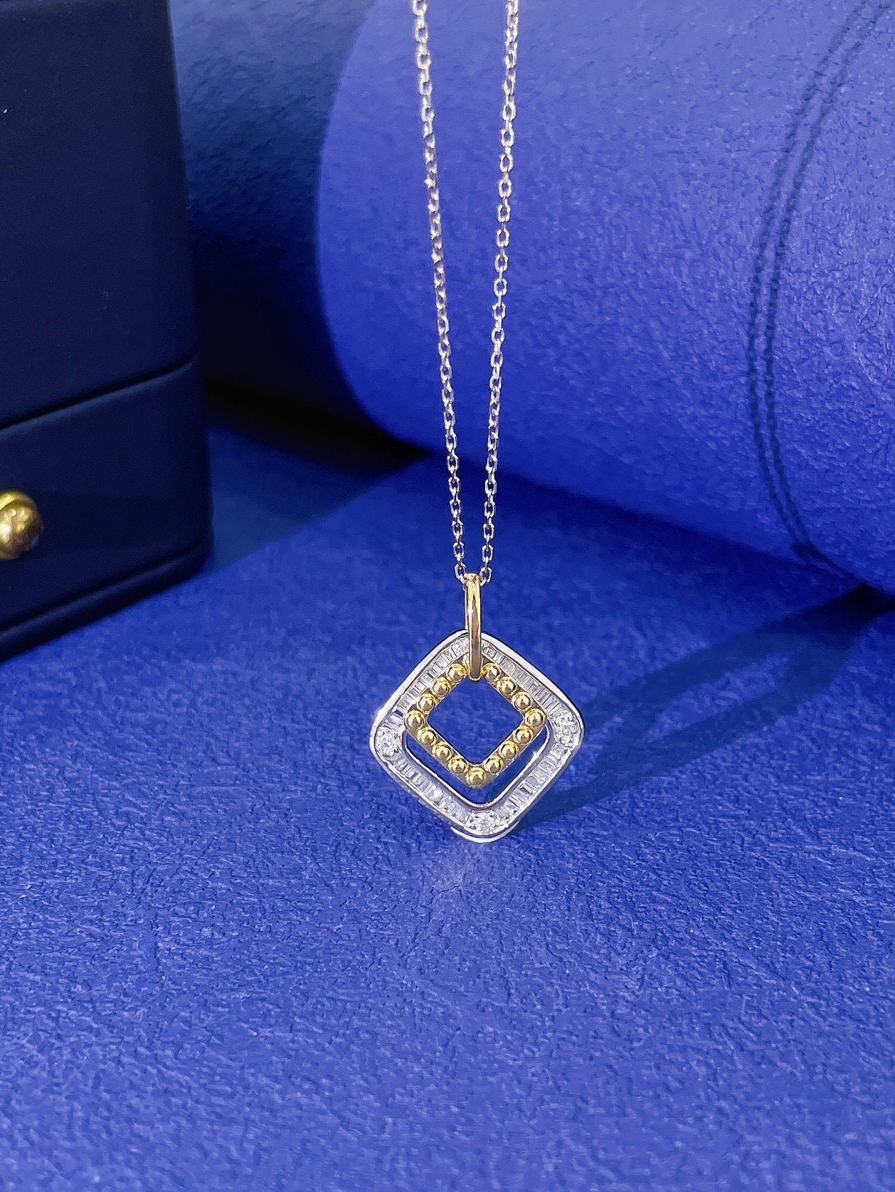 18K Diamond Two-Tone Square Pendant Necklace - Exclusive Jewelry - White Diamond Necklace