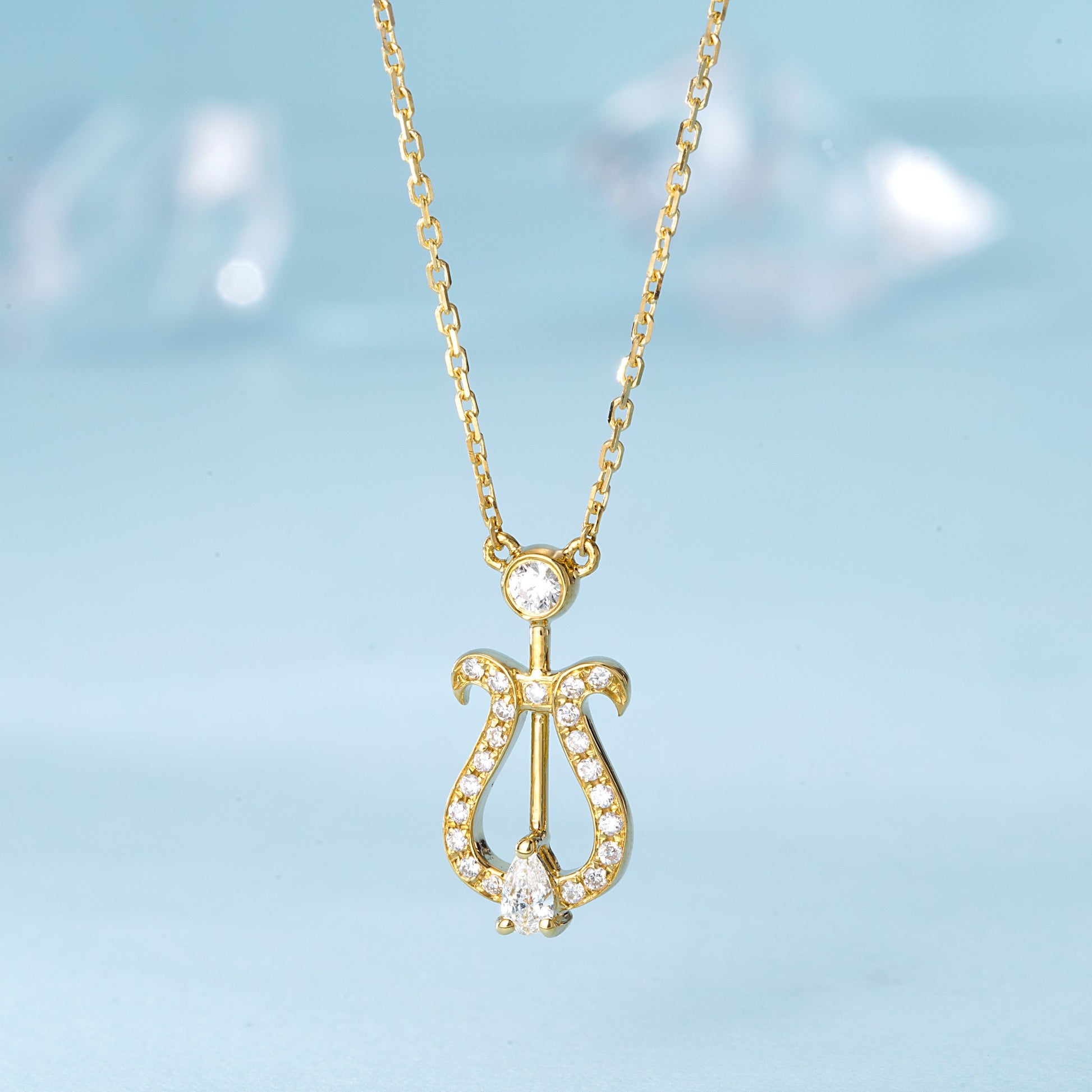 18K Diamond Water Drop Bubble Lyre Necklace - Elegant Jewelry Piece - White Diamond Necklace