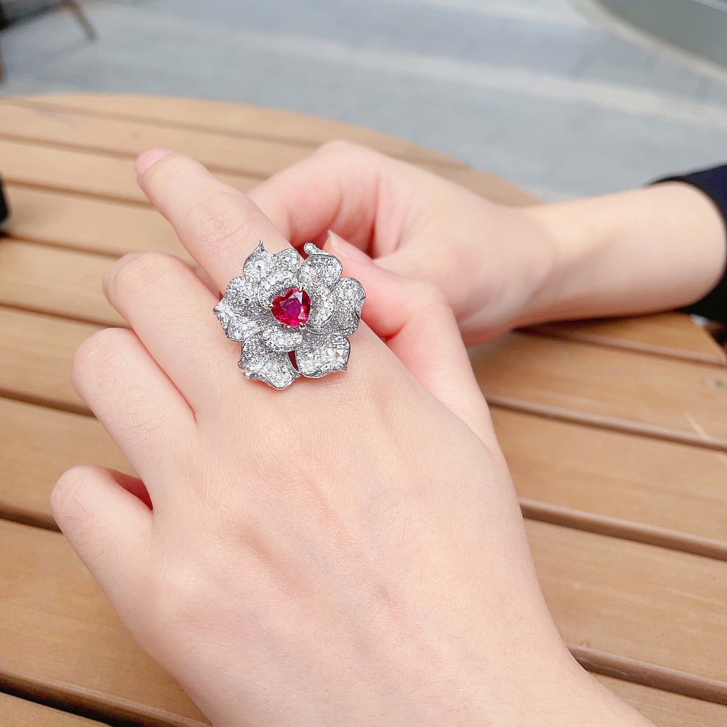 18K Double-Layer Six-Petal Flower Ring with Ruby Centerpiece - Red Treasure Ring