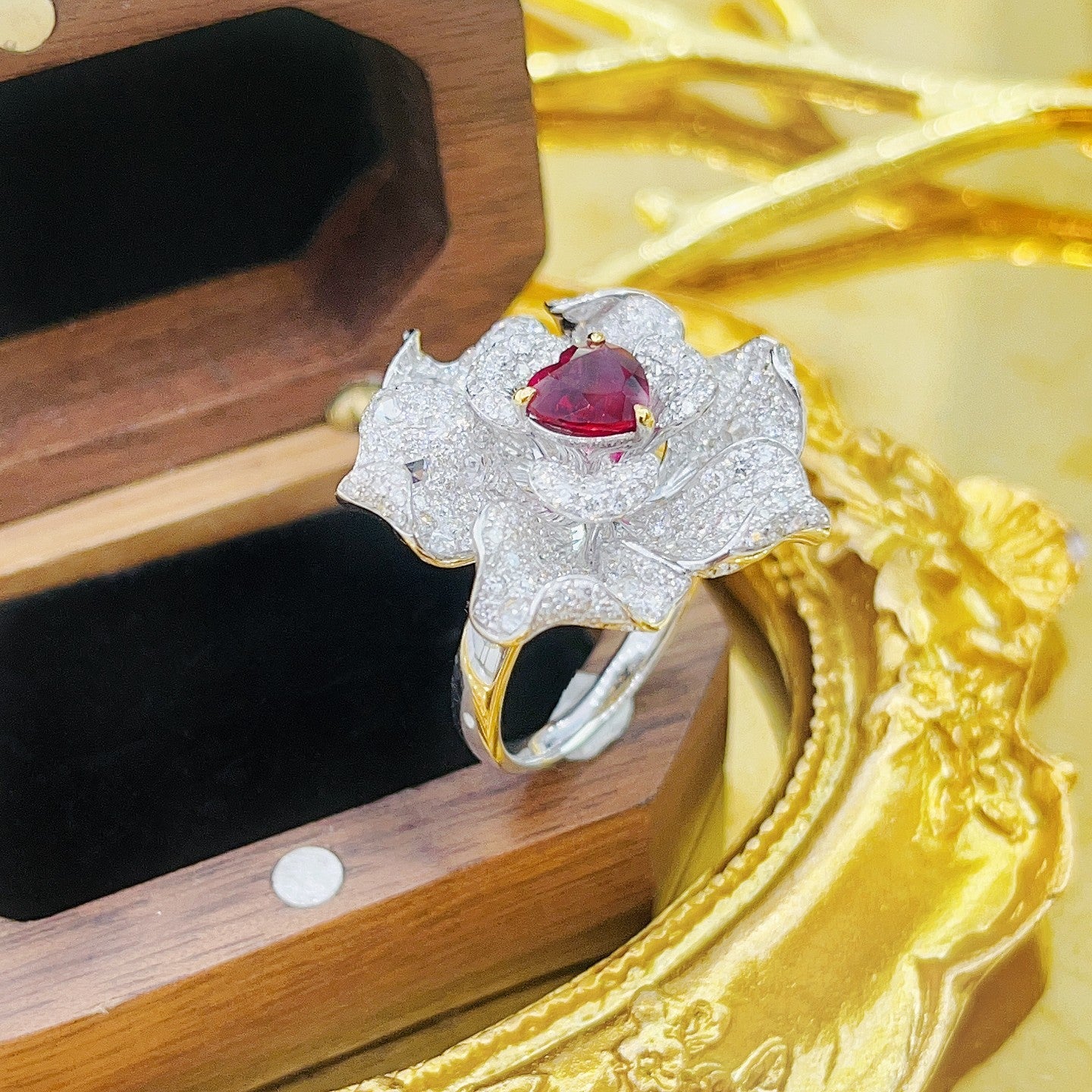 18K Double-Layer Six-Petal Flower Ring with Ruby Centerpiece - Red Treasure Ring