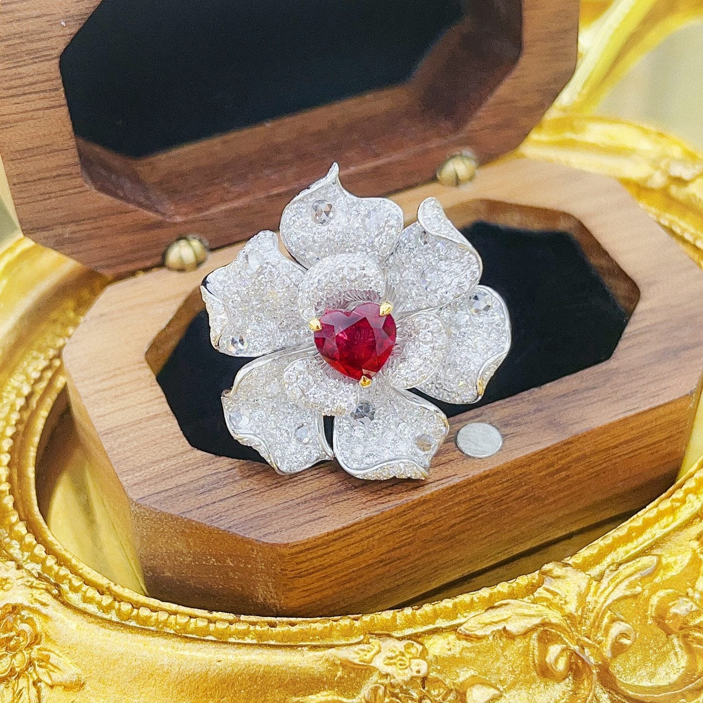 18K Double-Layer Six-Petal Flower Ring with Ruby Centerpiece - Red Treasure Ring