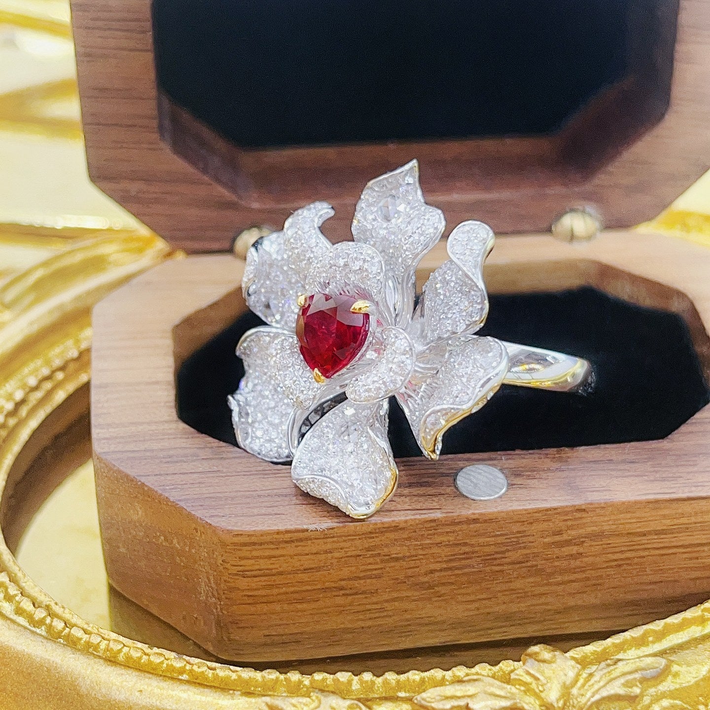 18K Double-Layer Six-Petal Flower Ring with Ruby Centerpiece - Red Treasure Ring