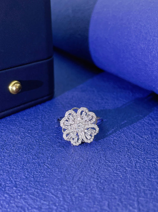 18K Four-Leaf Clover Step-Cut Diamond Ring | Premium Jewelry - White Diamond Ring