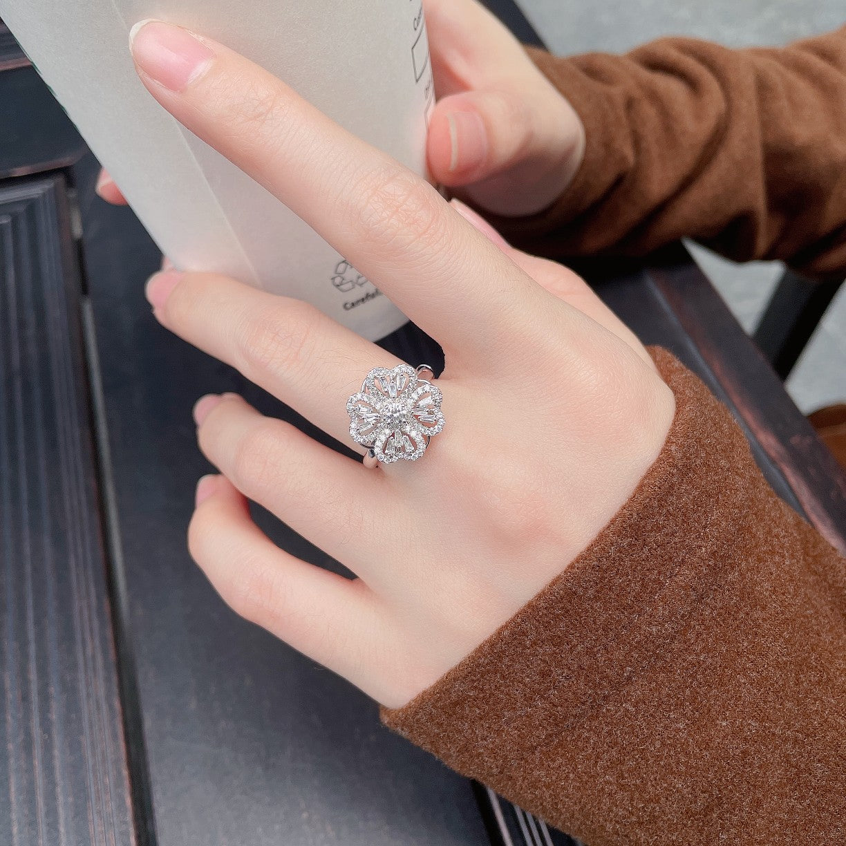 18K Four-Leaf Clover Step-Cut Diamond Ring | Premium Jewelry - White Diamond Ring