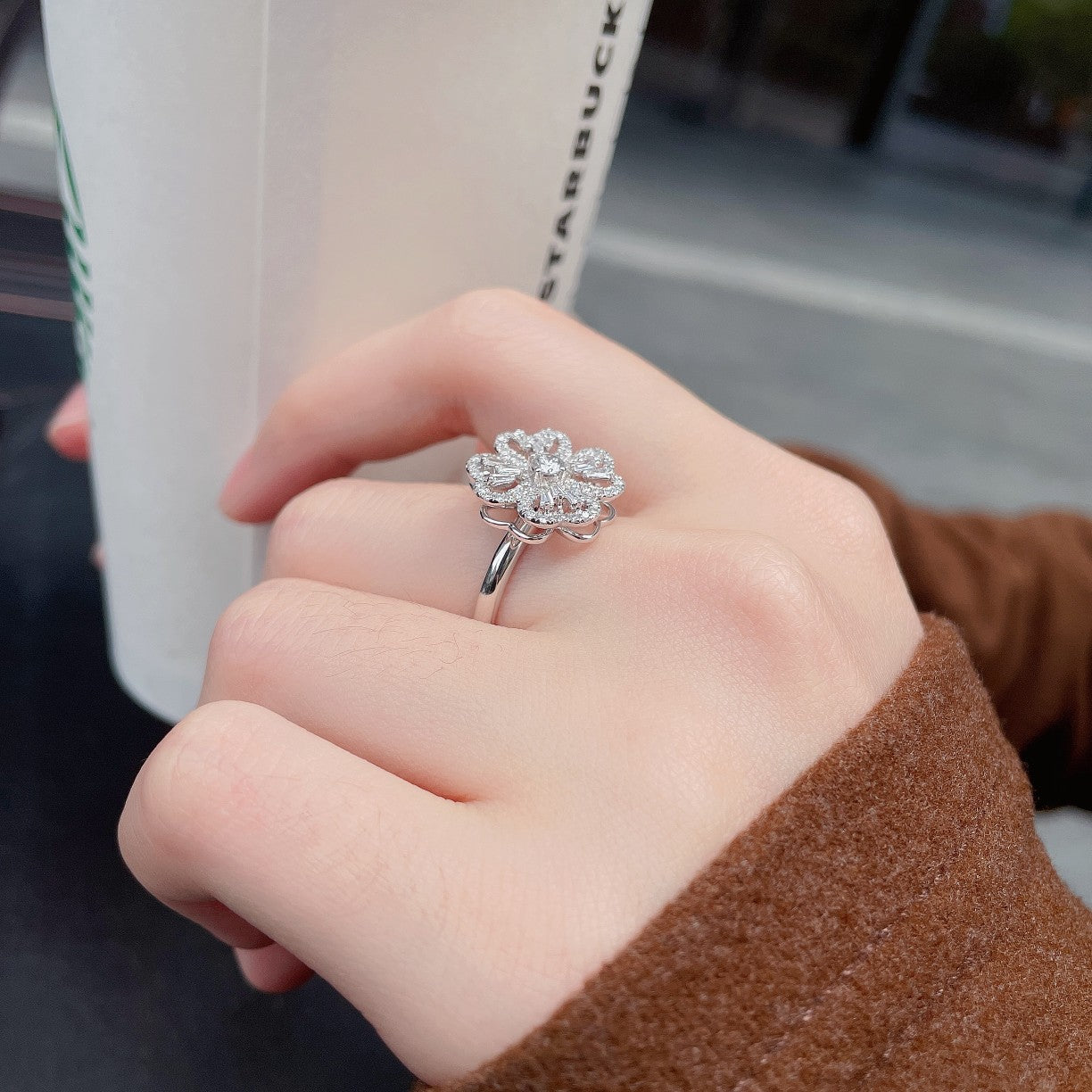 18K Four-Leaf Clover Step-Cut Diamond Ring | Premium Jewelry - White Diamond Ring