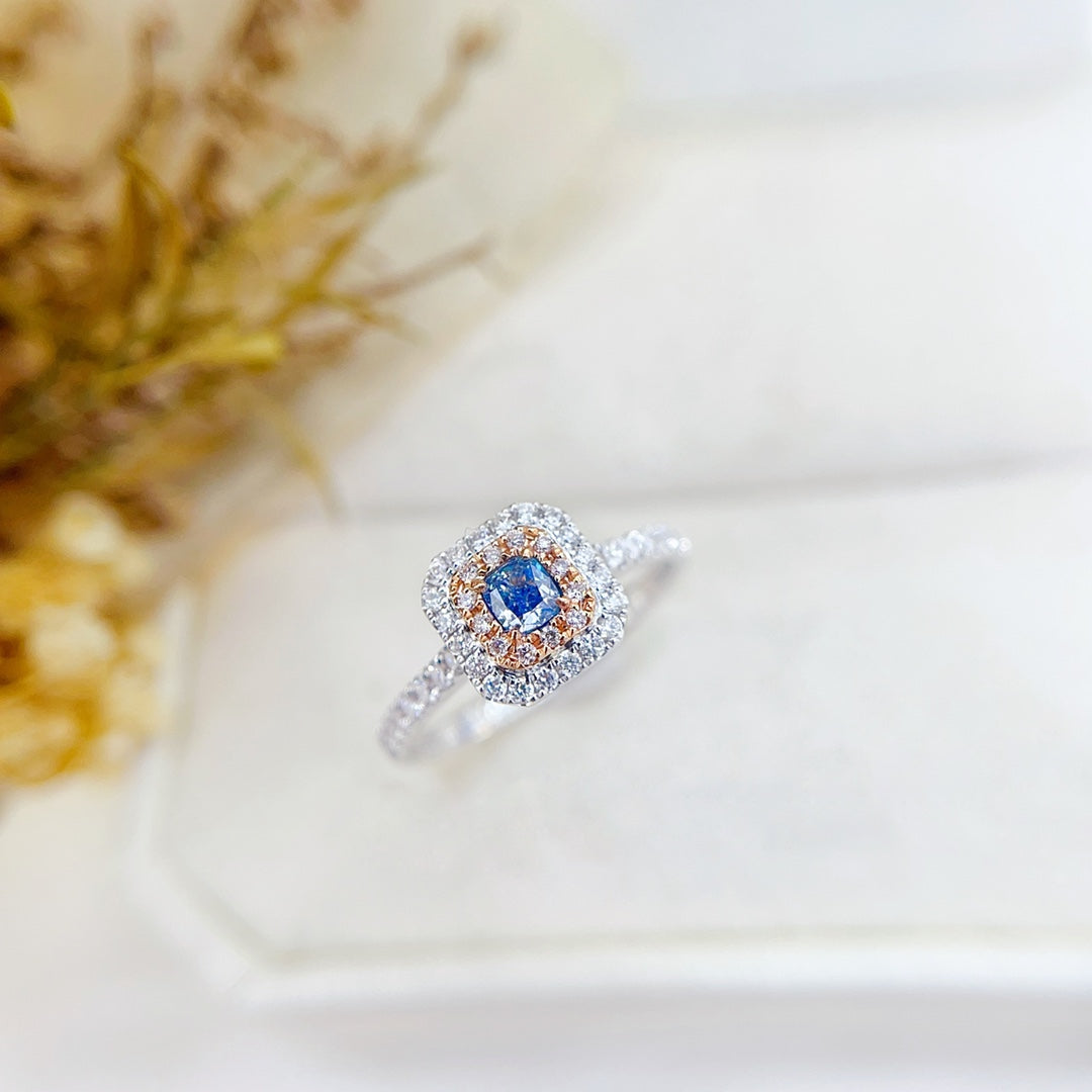 18K Gold Blue Diamond Cushion-Cut Halo Ring | Premium Jewelry - Blue Diamond Ring