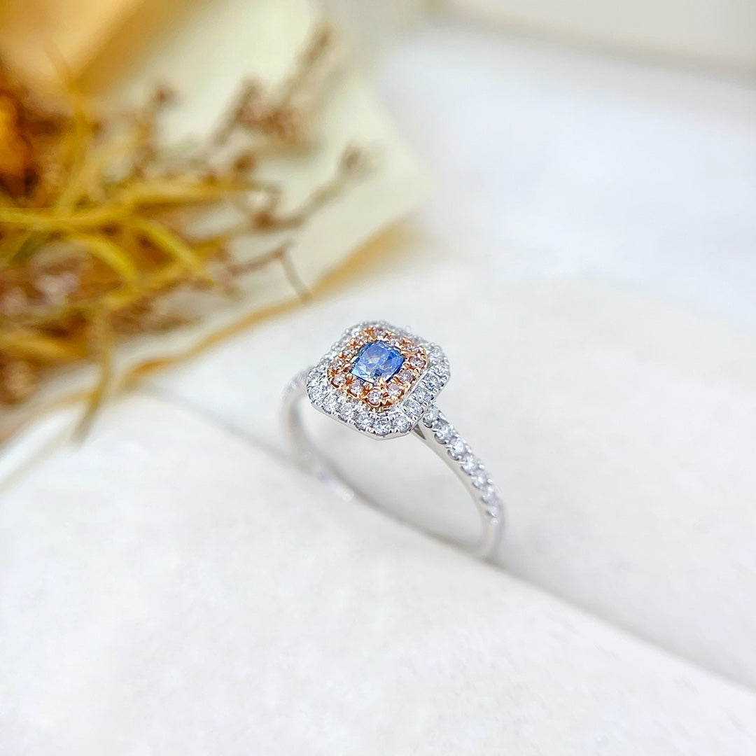 18K Gold Blue Diamond Cushion-Cut Halo Ring | Premium Jewelry - Blue Diamond Ring