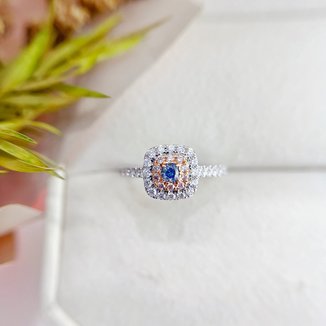 18K Gold Blue Diamond Cushion-Cut Halo Ring | Premium Jewelry - Blue Diamond Ring