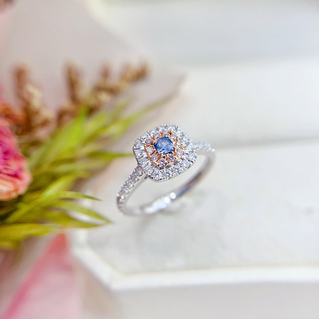 18K Gold Blue Diamond Cushion-Cut Halo Ring | Premium Jewelry - Blue Diamond Ring