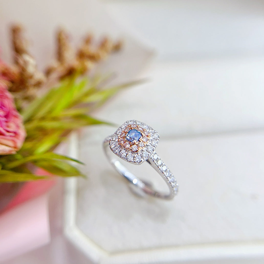 18K Gold Blue Diamond Cushion-Cut Halo Ring | Premium Jewelry - Blue Diamond Ring